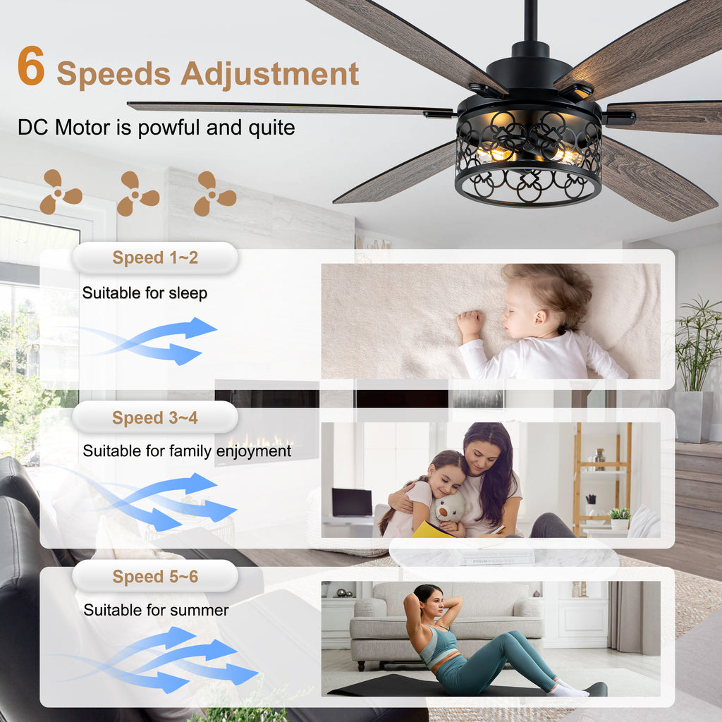 Modern 60 Inch Industrial Caged Ceiling Fan with Light Reversible Quiet DC Motor with 6 Speed Remote Control Ceiling Fan Adjustable Down Rodes Ceiling Fan with Light Suit for Bedroon,Living Room