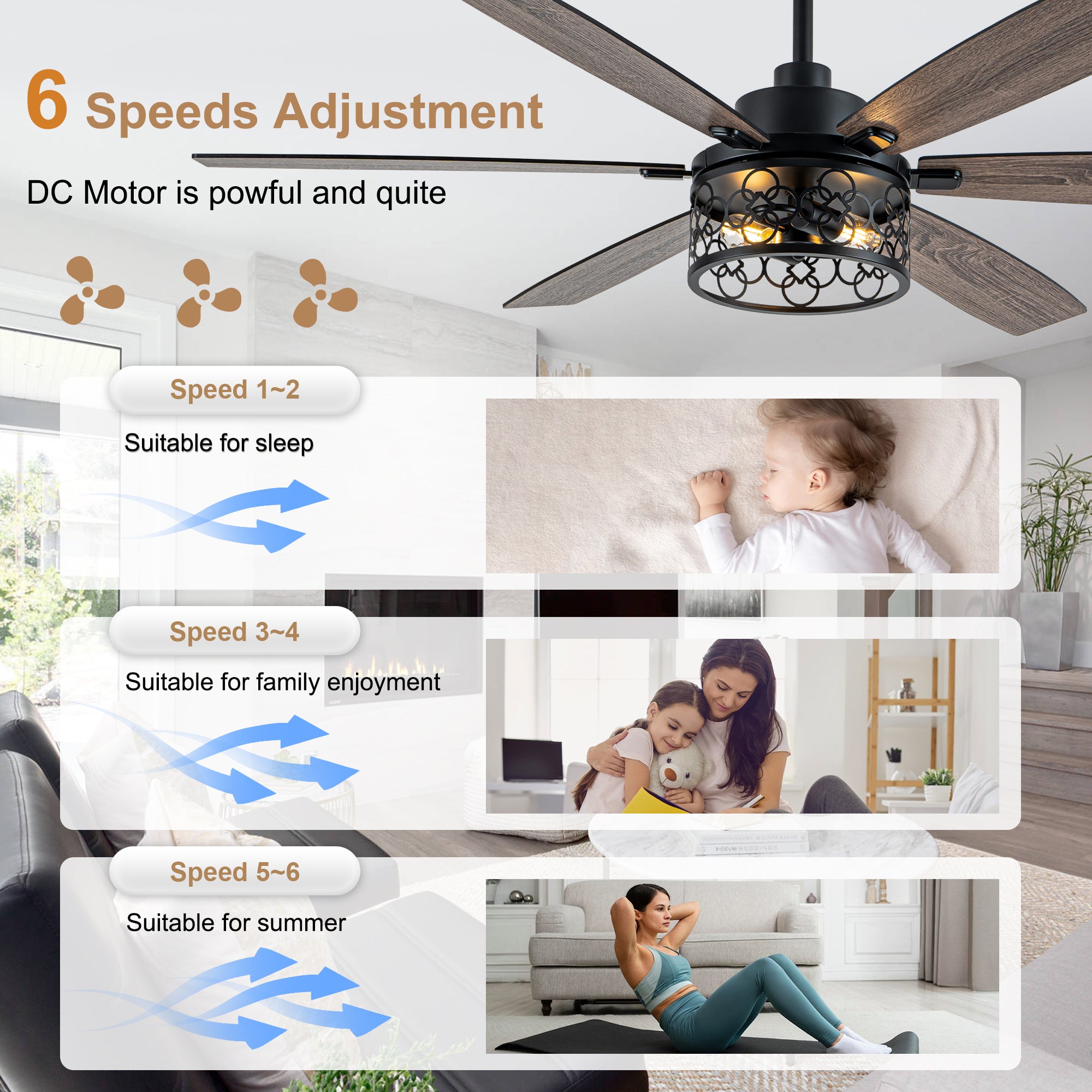 Modern 60 Inch Industrial Caged Ceiling Fan with Light Reversible Quiet DC Motor with 6 Speed Remote Control Ceiling Fan Adjustable Down Rodes Ceiling Fan with Light Suit for Bedroon,Living Room
