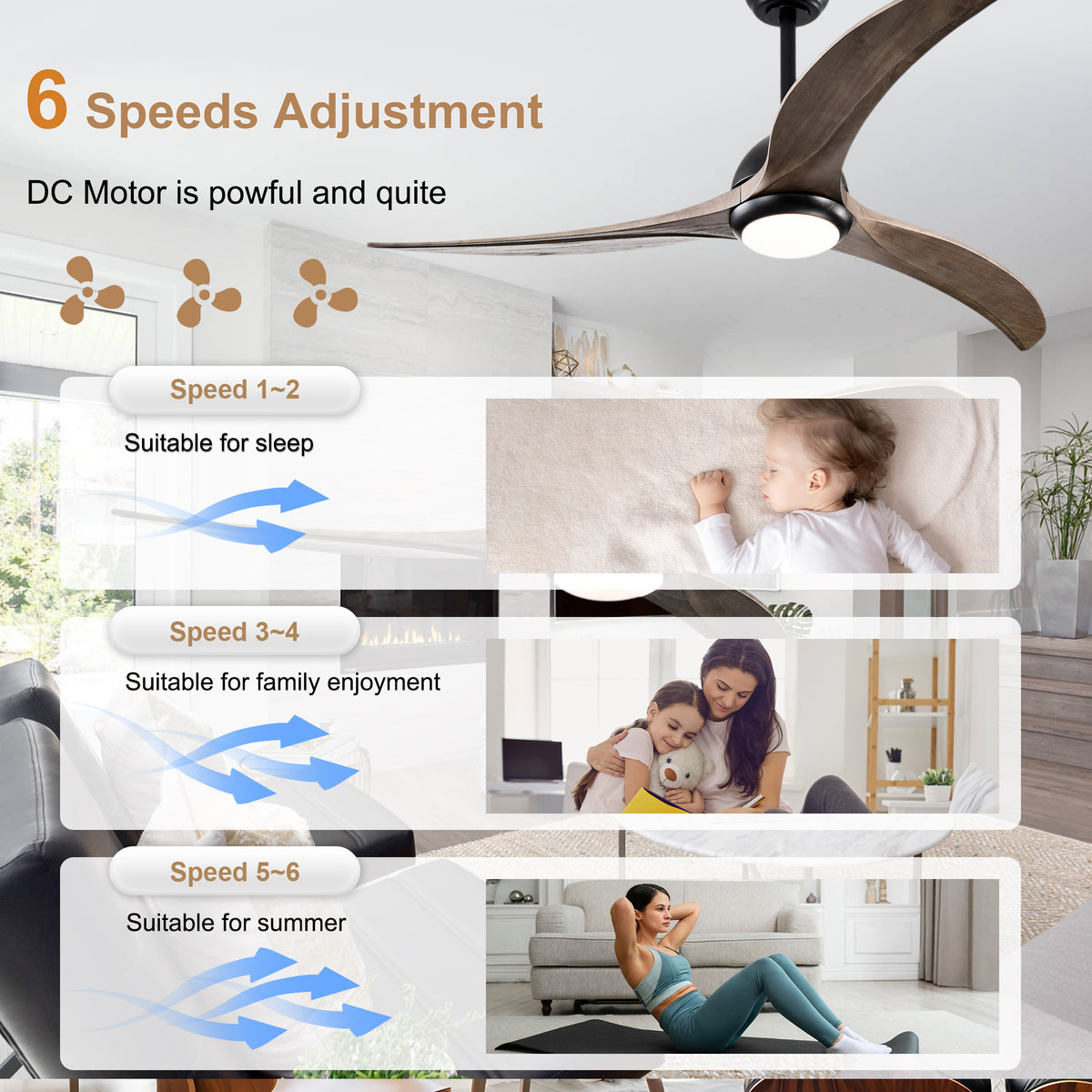52 Inch Modern Farmhouse Matte Black Solid Wood Blade Ceiling Fan with Lights & Remote Control, 6 Speed DC Motor Reversible Ceiling Fan