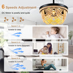 42 Inch Black Bohemian Retractable Ceiling Fan with Lights and Remote, 6 Speeds DC Motor Bladeless Fandelier Ceiling Fan with Wood Beaded Shade