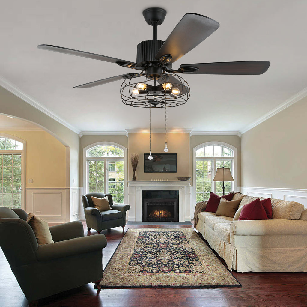 52 Inch Black Industrial Caged Ceiling Fan with Lights and Remote, 3-Speed Reversible Ceiling Fan for Large Room