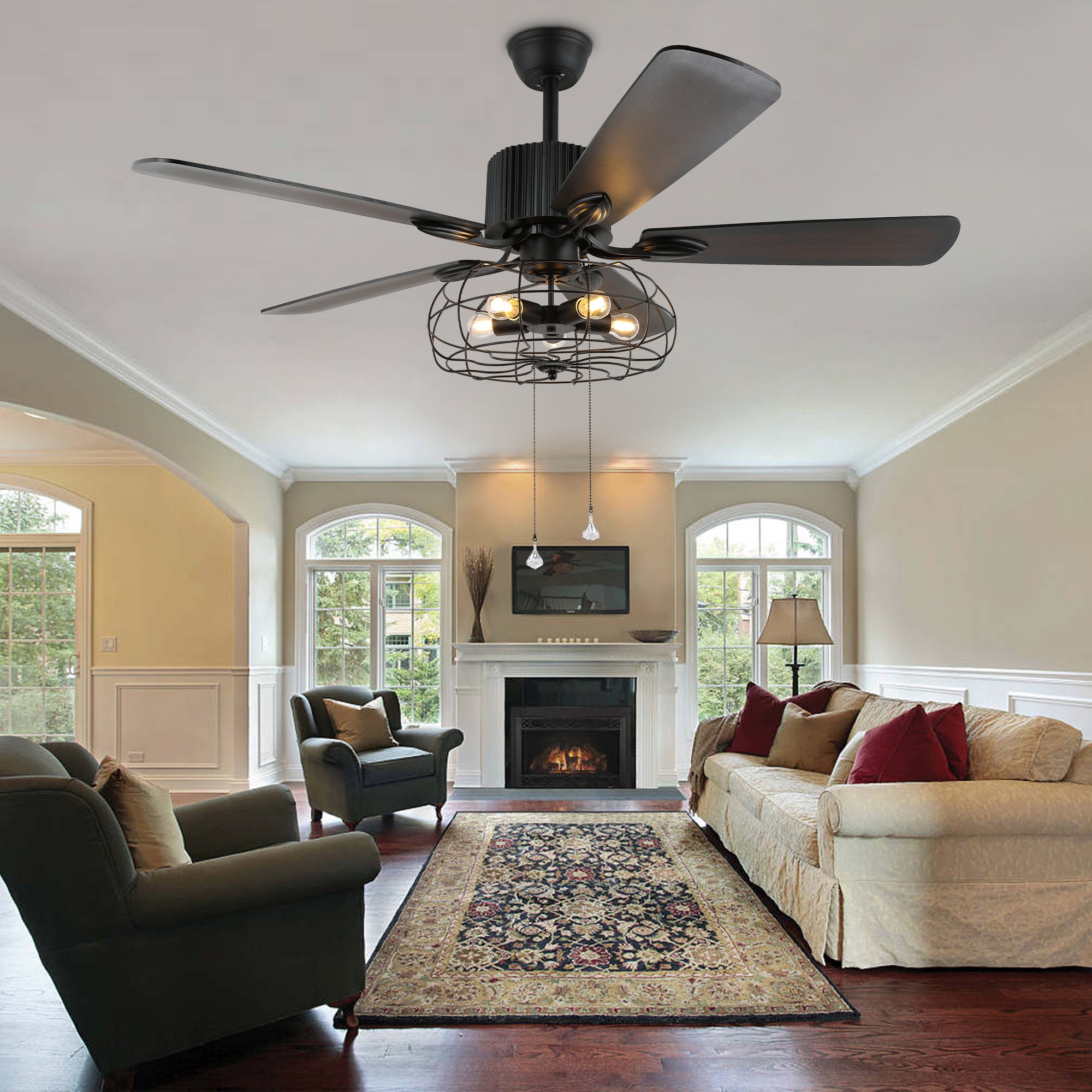 52 Inch Black Industrial Caged Ceiling Fan with Lights and Remote, 3-Speed Reversible Ceiling Fan for Large Room