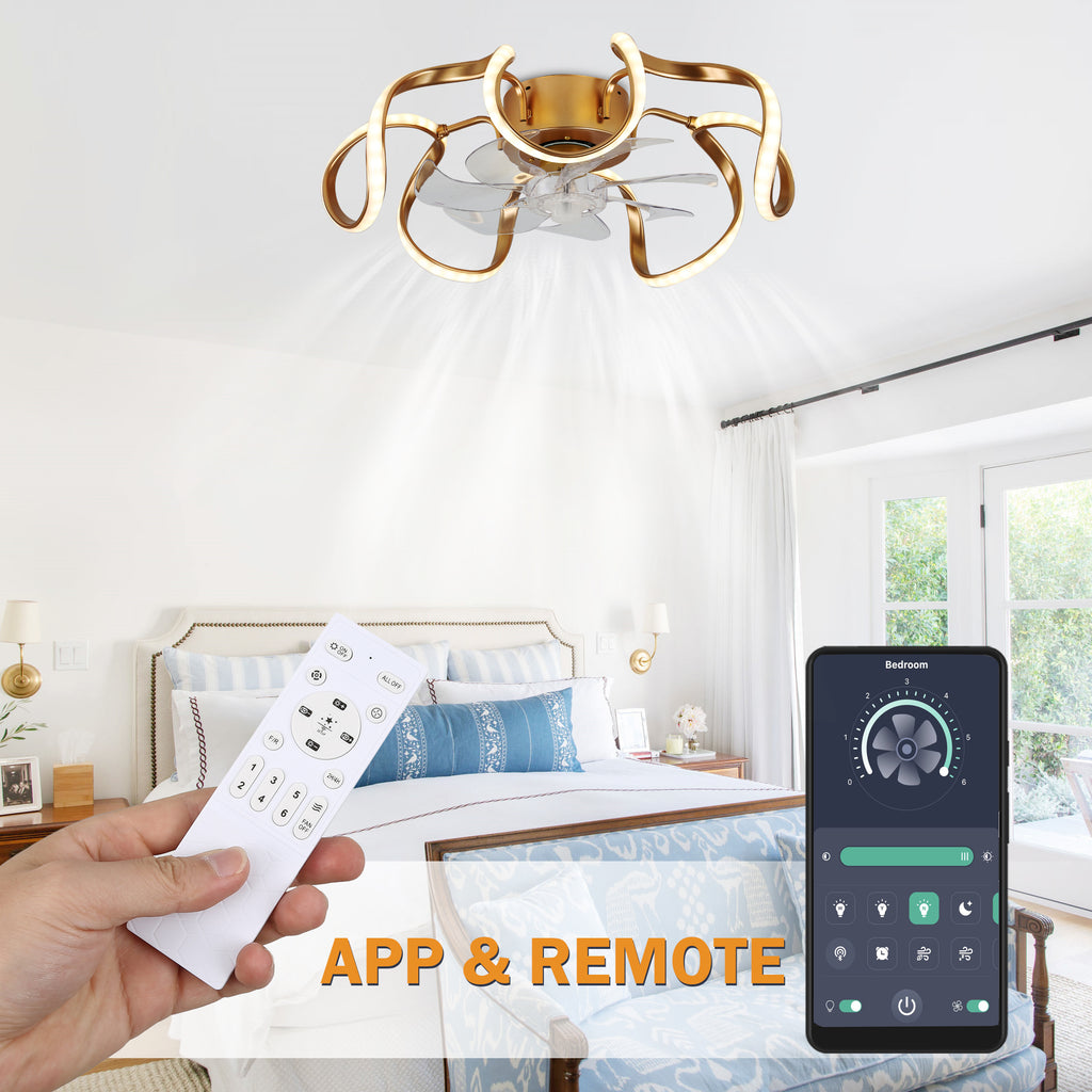 20 Inch Gold/Brown Irregular Flush Mount Ceiling Fan with LED Light and Remote, 6 Speeds DC Motor Reversible Bladeless Ceiling Fan