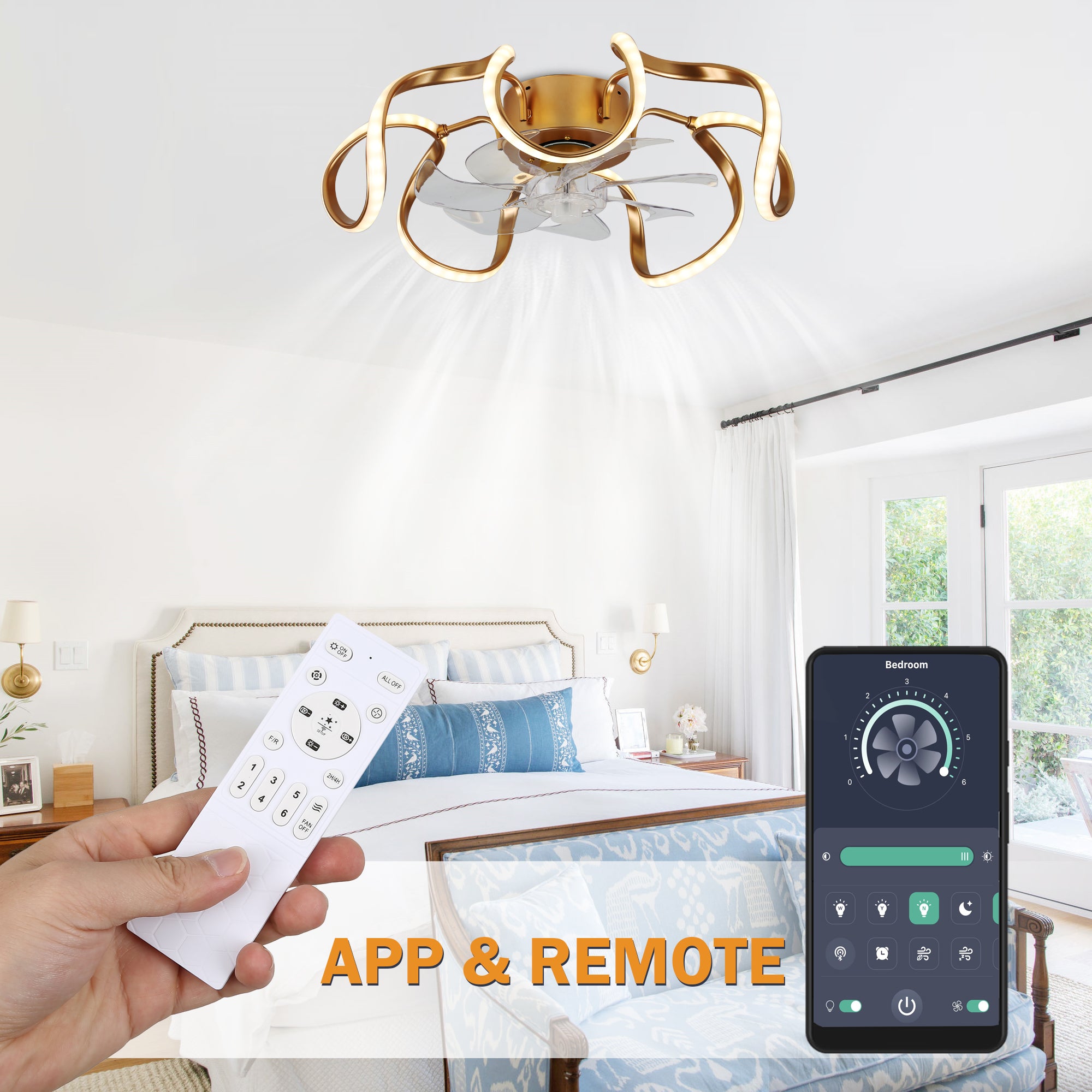 20 Inch Gold/Brown Irregular Flush Mount Ceiling Fan with LED Light and Remote, 6 Speeds DC Motor Reversible Bladeless Ceiling Fan