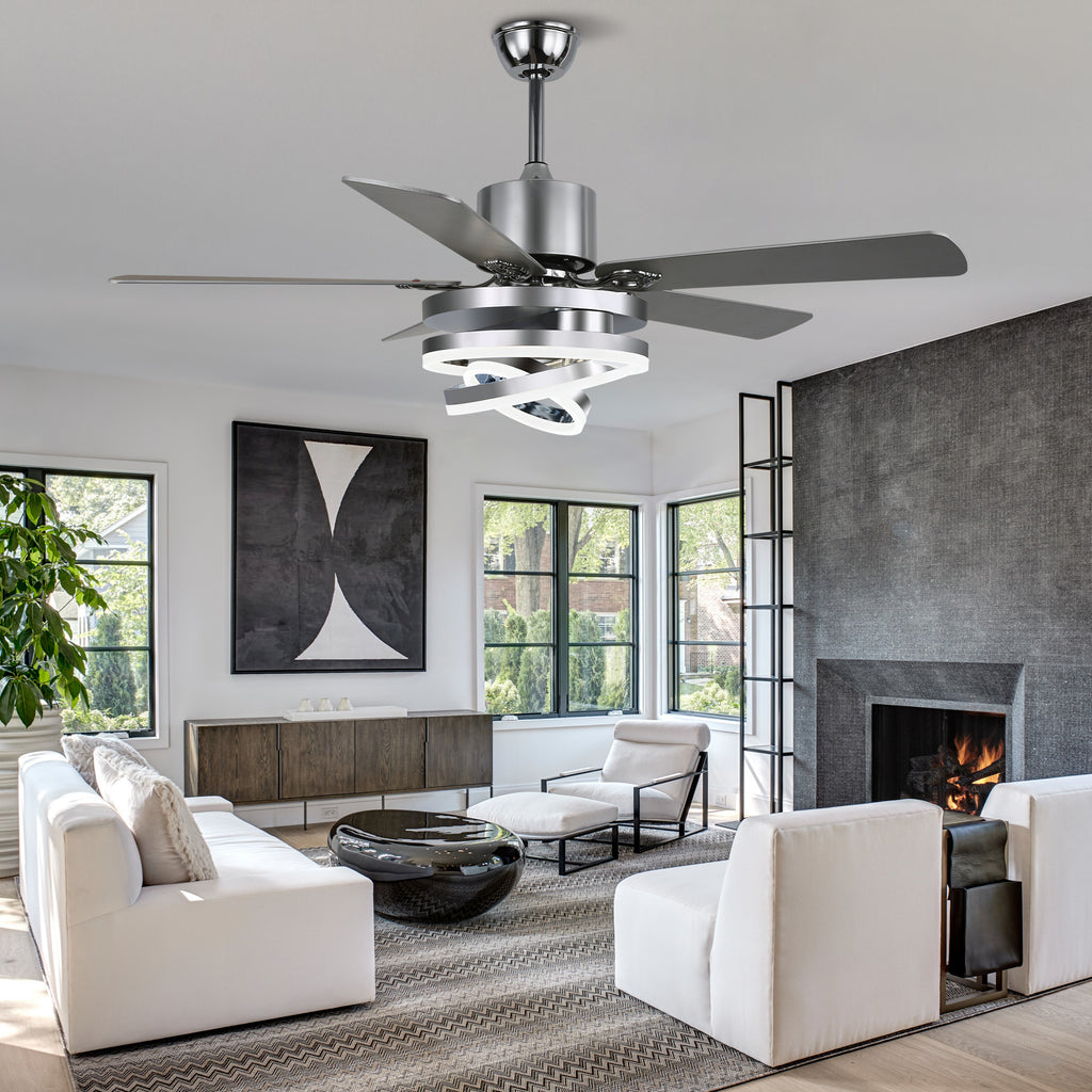 52 Inch Black/Chrome Modern Ceiling Fan with LED Light and Remote Control, 6 Speeds DC Motor Reversible Ceiling Fan with DIY Shade