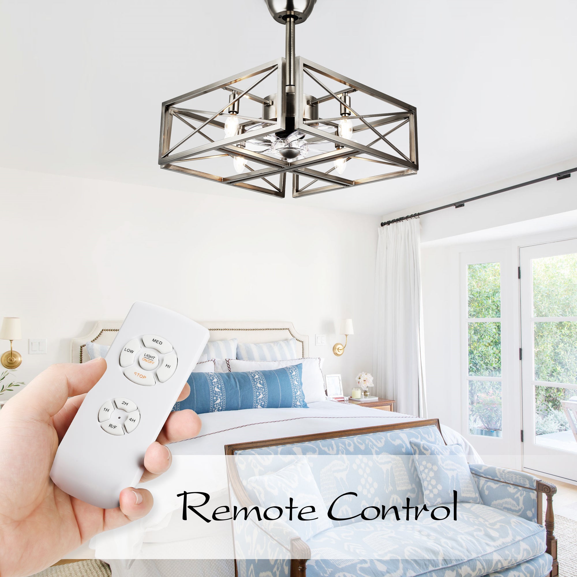 20 Inch Nickel Industrial Ceiling Fan with Remote Control, 3-Speed Reversible Bladeless Fandelier Ceiling Fan for Bedroom