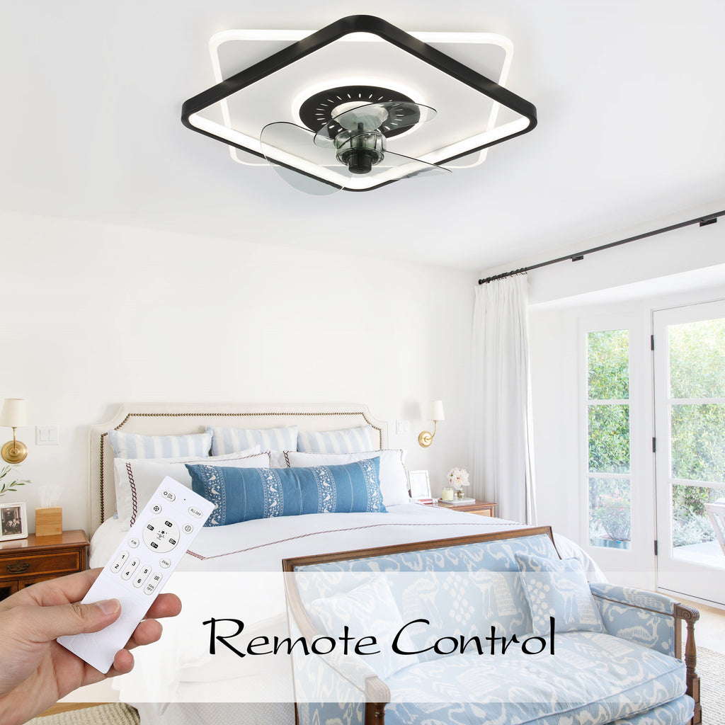 19 Inch Square Modern Smart Low Profile Ceiling Fan with LED Light, 6 Speeds DC Motor Flush Mount Ceiling Fan for Bedroom