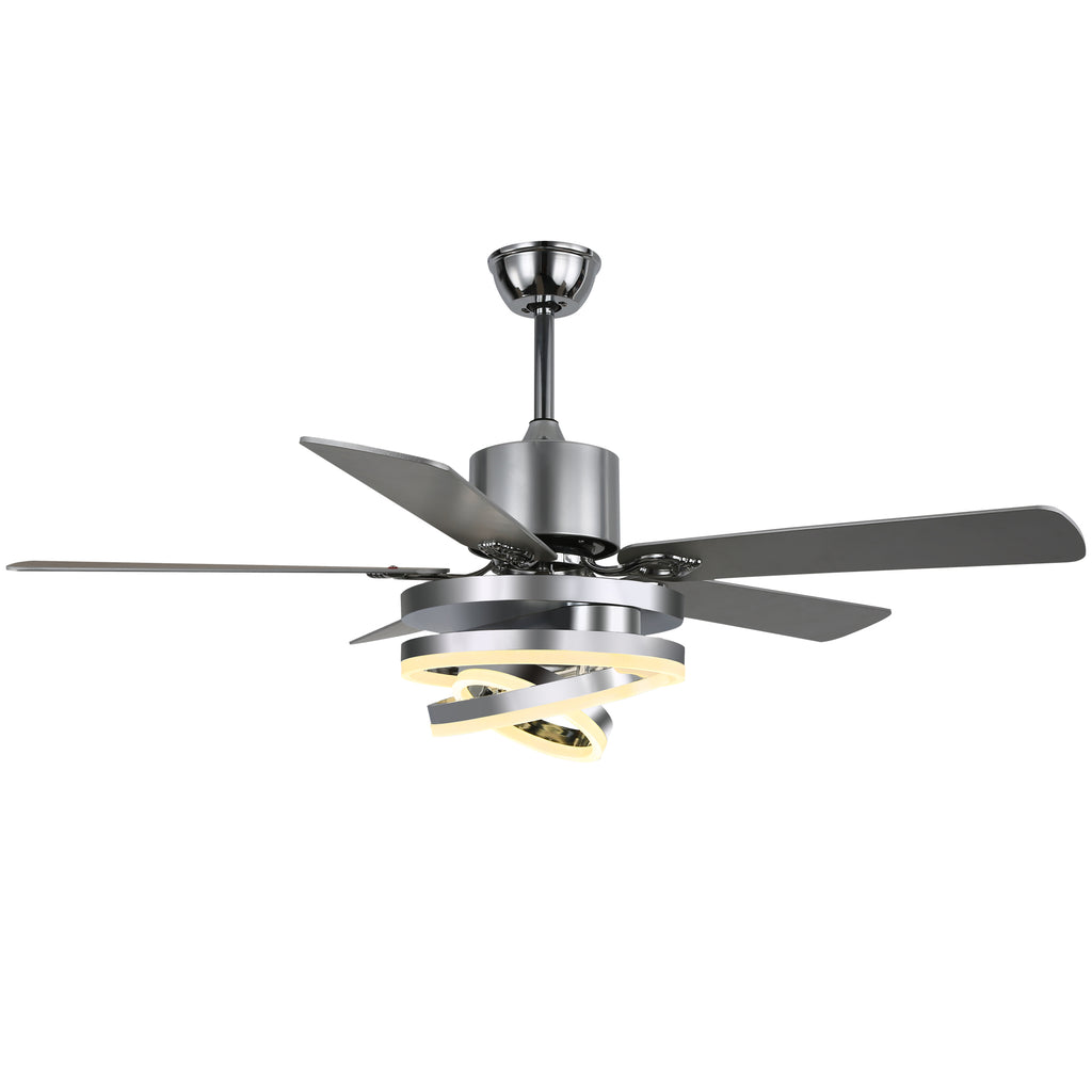 52 Inch Black/Chrome Modern Ceiling Fan with LED Light and Remote Control, 6 Speeds DC Motor Reversible Ceiling Fan with DIY Shade