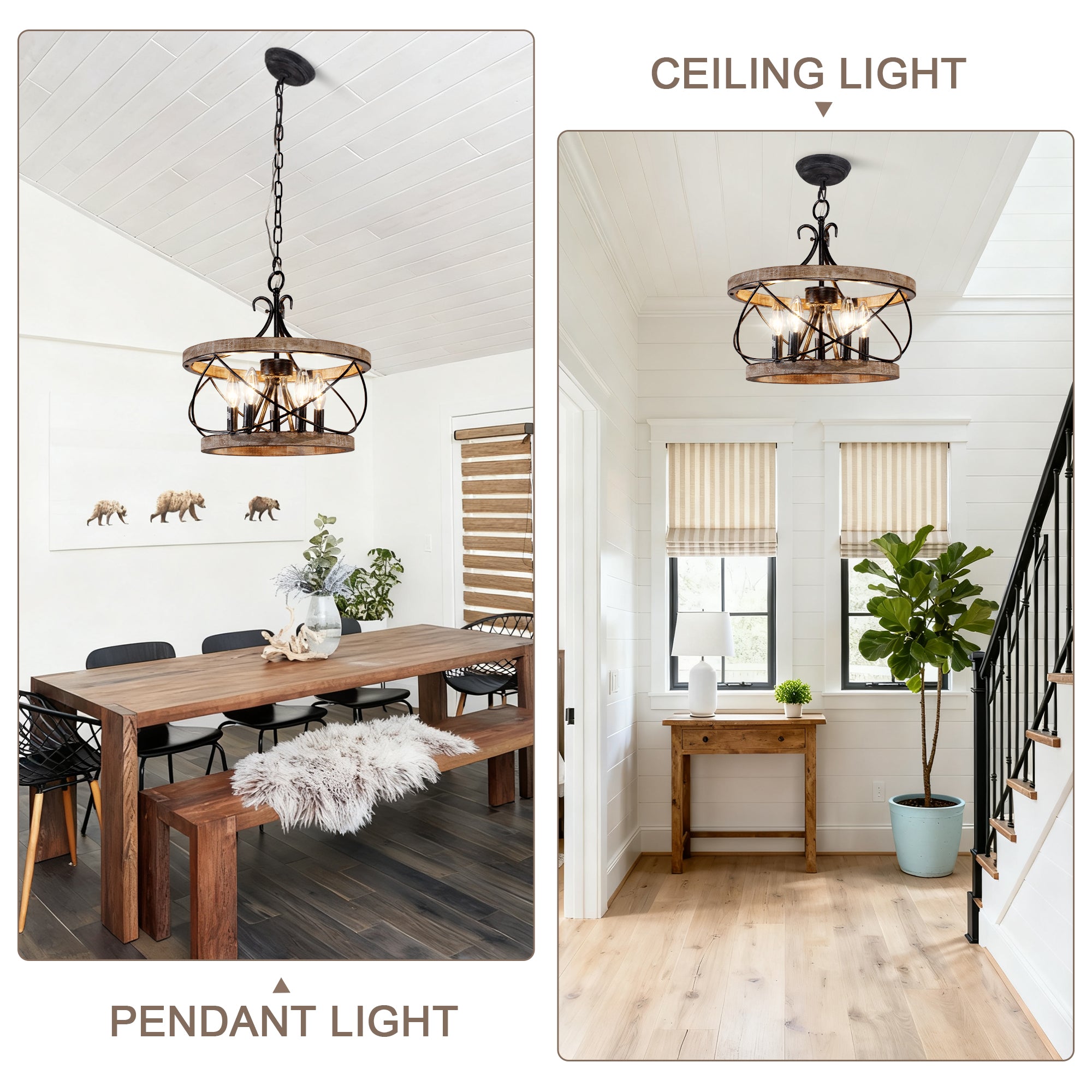 5 - Lights Vintage Caged Drum Chandelier, 20" Farmhouse Wooden Chandelier with Adjustable Chain