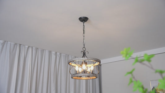 FC4059-Distressed Wood/Distressed White Mid Century Caged Chandelier, Wood Ceiling Light, with Adjustable Chain