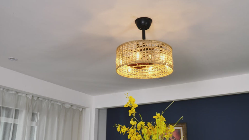 18 Inch Farmhouse Rattan Bladeless Ceiling Fan with Lights and Remote, 3 Speeds Reversible Coastal Caged Fandelier Ceiling Fan