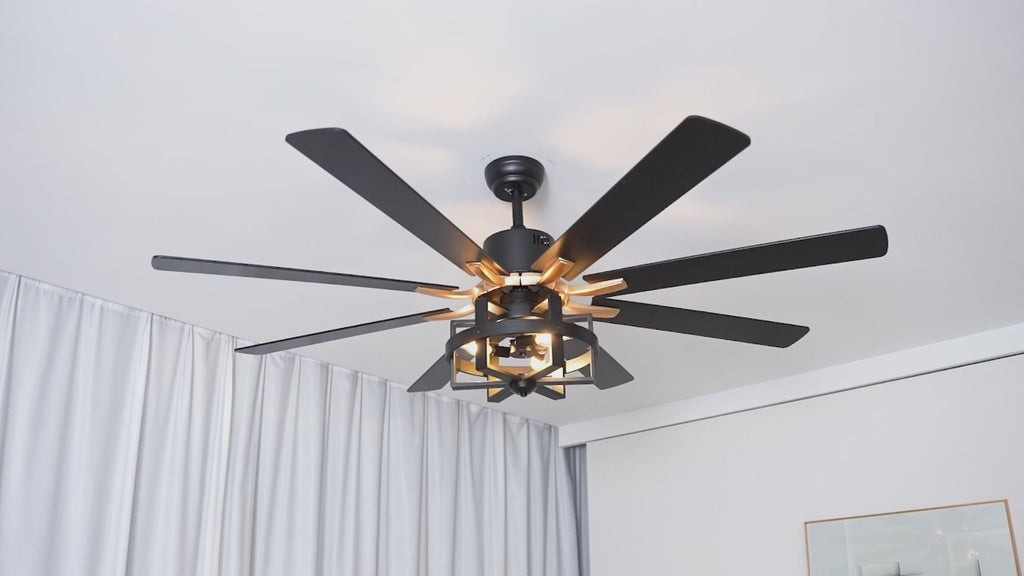 DC6501-BellaDepot 65" 8 Wooden Blades Black/Silver Finish Industrial Caged Reversible Ceiling Fan with Remote and 3 Lights, Large Size 6-speed Ceiling Fan