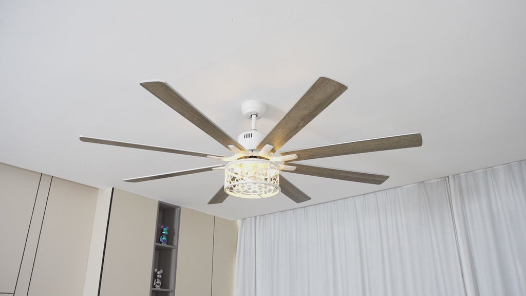 72 Inch 8-Blade Black/White Farmhouse Ceiling Fan with Lights and Remote, 6 Speeds DC Motor Reversible Extra Large Caged Ceiling Fan