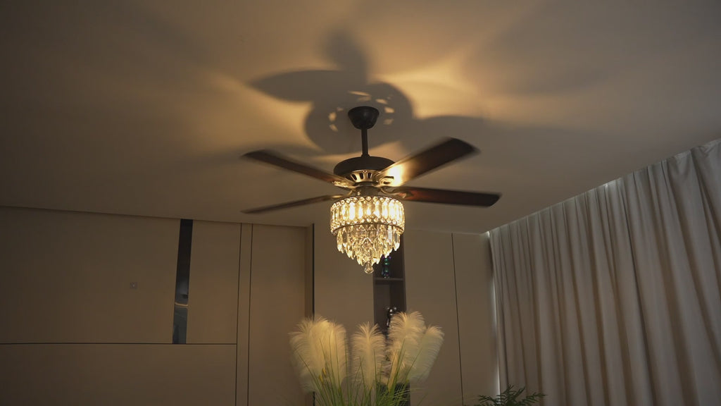 52" BellaDepot Luxury Crystal Ceiling Fan with Light & Remote - Black/Chrome Reversible DC Motor, 6 Speeds, Timer, Quiet Fandelier