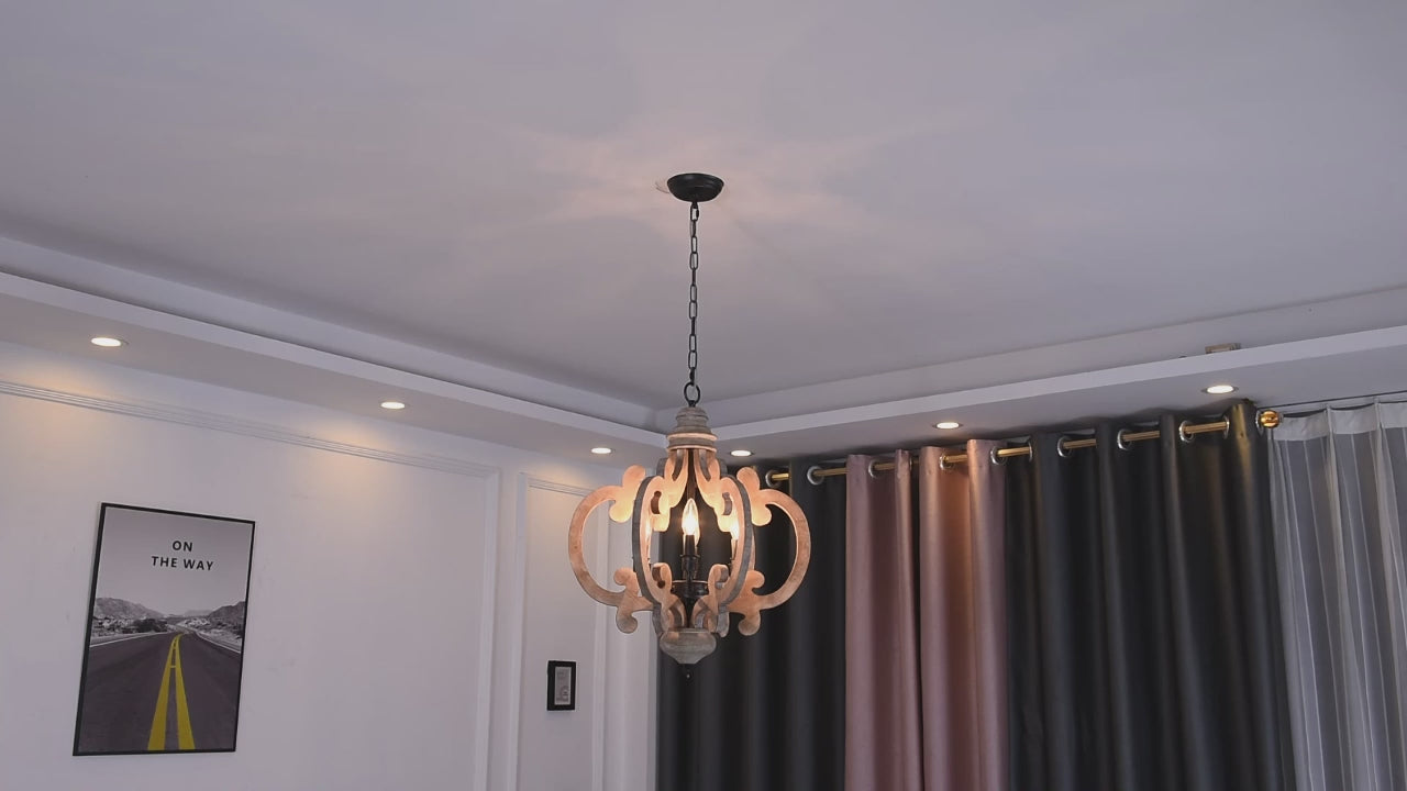 FC4002-H/W-BellaDepot 6 Light Distressed Wood/Distressed White French Country Vintage Style Distressed Wood Geometric Chandelier, Wooden Pendant Light with Adjustable Chain - FC4002