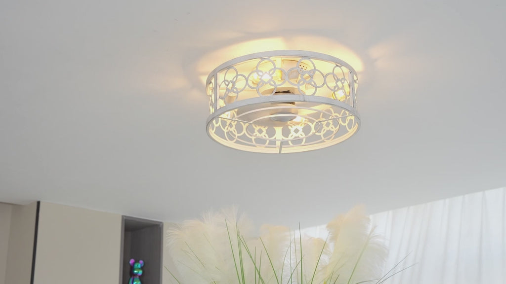 BD2073-BellaDepot 19.5" Farmhouse Distressed White Reversible Caged Ceiling Fan with 4 Lights and Remote