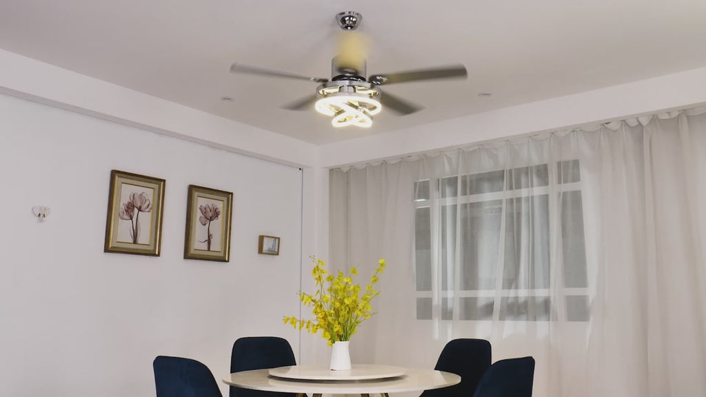 52 Inch Black/Chrome Modern Ceiling Fan with LED Light and Remote Control, 6 Speeds DC Motor Reversible Ceiling Fan with DIY Shade