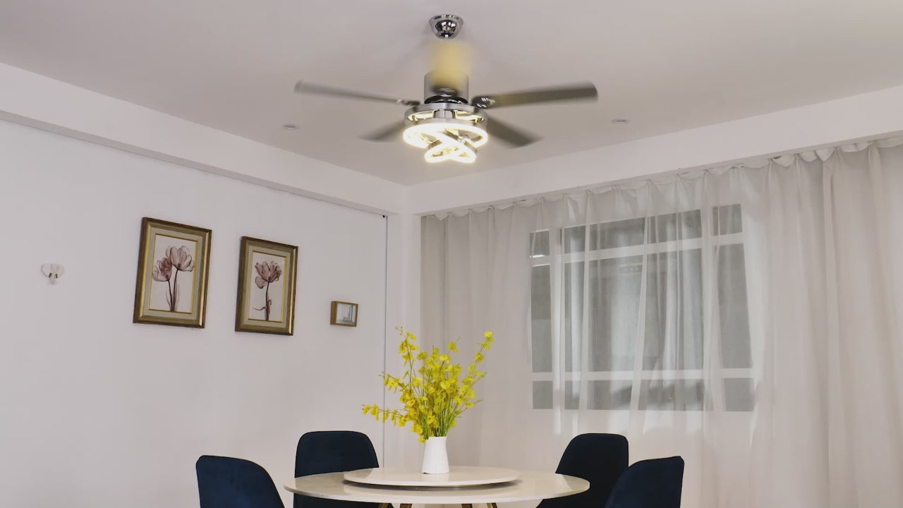 52 Inch Black/Chrome Modern Ceiling Fan with LED Light and Remote Control, 6 Speeds DC Motor Reversible Ceiling Fan with DIY Shade