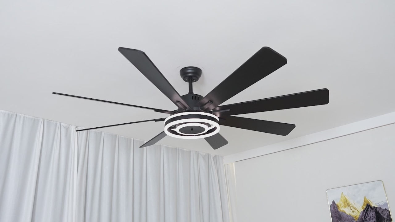 DC7202-BellaDepot 72" 8 Wooden Blades Gold/Black/Silver Finish Modern Urban Reversible Ceiling Fan with Remote and LED Light Kit Included, Large Size Dimmable Ceiling Fan