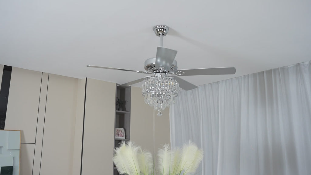52" BellaDepot Luxury Crystal Ceiling Fan with Light & Remote - Black/Chrome Reversible DC Motor, 6 Speeds, Timer, Quiet Fandelier