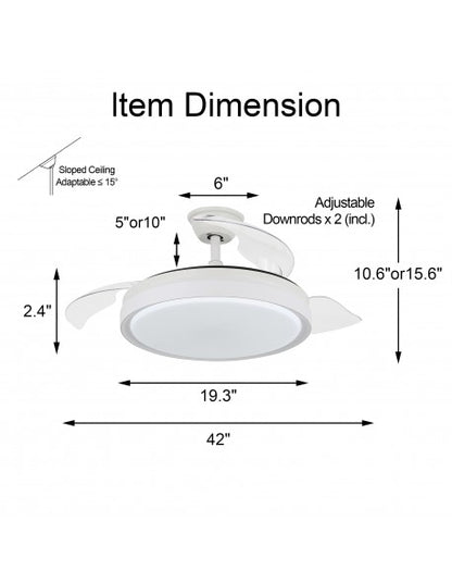 42" LED Retractable Ceiling Fan with Light and Remote Reversible Blades, 6 Speed