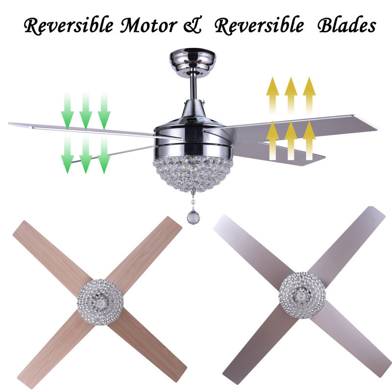 Modern Crystal Ceiling Fan With LED Light, Remote Control, Reversible
