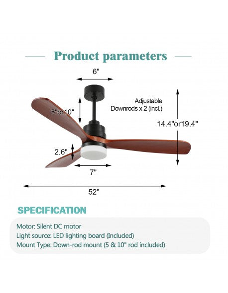 52 in. Classic LED Ceiling Fan with Light Kit and Remote, 3 Reversible Wooden Fan Blades
