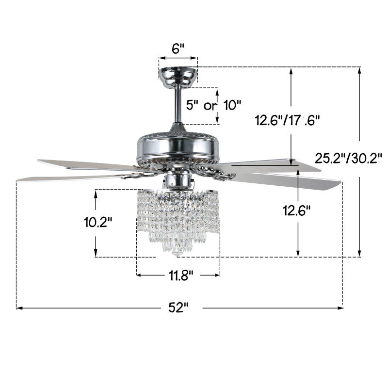 52 in. Chrome Crystal Ceiling Fan with Light and Remote-Control Reversible Blades