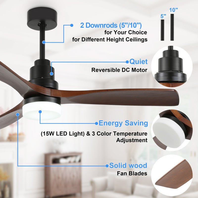 52'' Classic LED Ceiling Fan with Light Kit and Remote, Reversible Fan