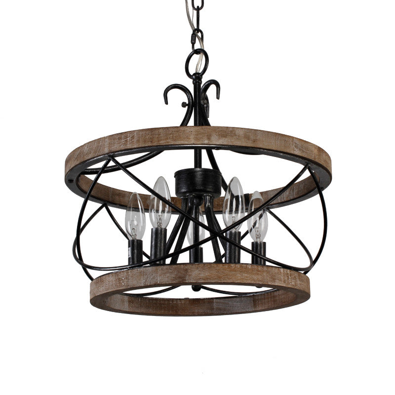 FC4059-BellaDepot 15.7" Distressed Wood/Distressed White Mid Century Caged Chandelier, Wood Pendant Light with Adjustable Chain - FC4059