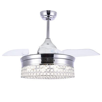42" Transitional Crystal Chrome Ceiling Fan with Remote, Light, Retractable Blades