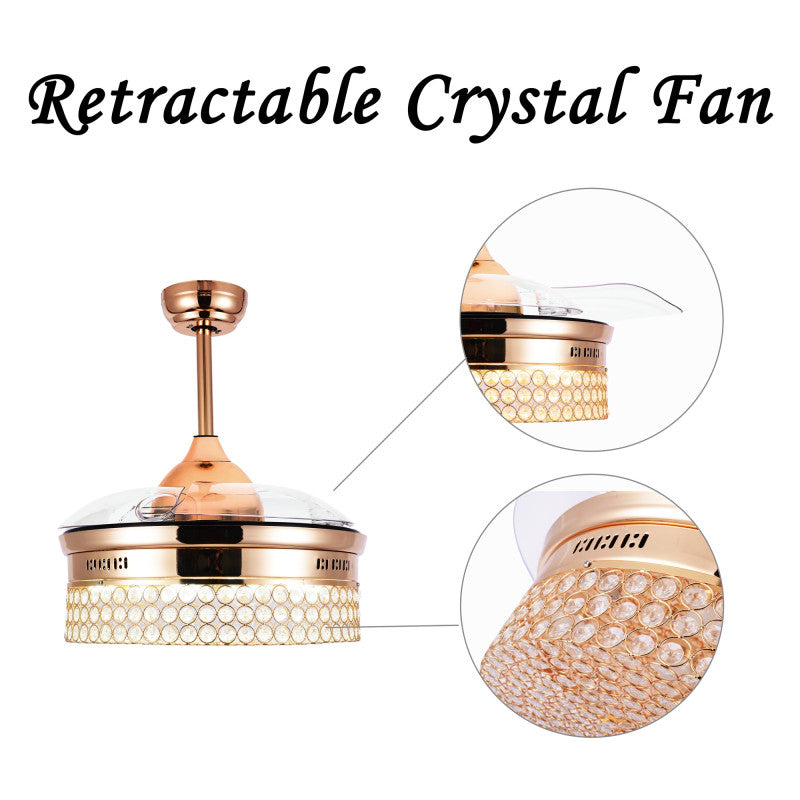 42" Gold Crystal Cedroom Ceiling Fan with Led Light and Remote, Foldable Blades
