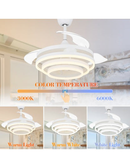 42" Indoor Modern Retractable LED Ceiling Fan with Remote Control and Dimmable Light