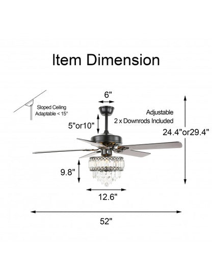 52" 5 Blades Crystal Ceiling Fan with Pull Chain Remote Control and Light Kit Included