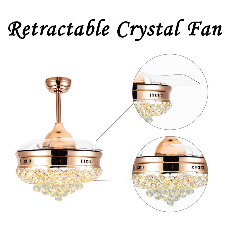 42" Gold Ceiling Fan, Crystal Chandelier Ceiling Fan with Retractable Blade