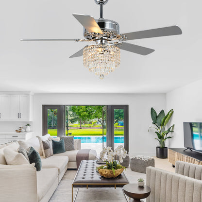 52 in. Chrome Crystal Ceiling Fan with Light and Remote-Control Reversible Blades