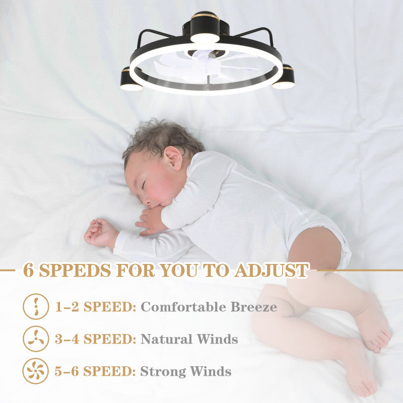 28 Inch Modern Black/Gold Smart Flush Mount Ceiling Fan with Dimmable LED Light and Remote, 6 Speeds DC Motor Low Profile Ceiling Fan