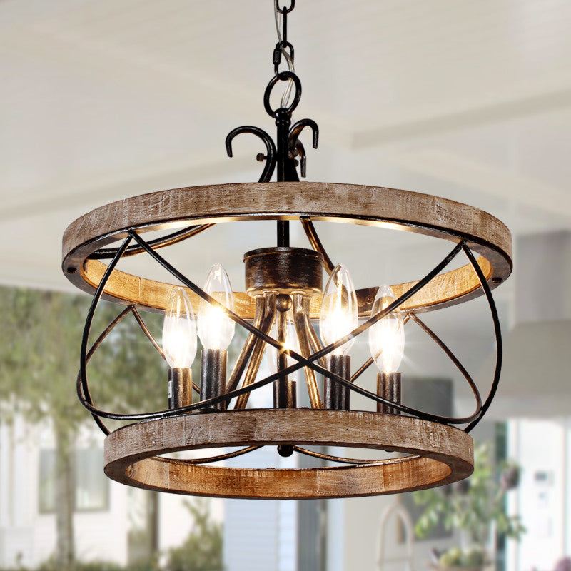 FC4059-BellaDepot 15.7" Distressed Wood/Distressed White Mid Century Caged Chandelier, Wood Pendant Light with Adjustable Chain - FC4059