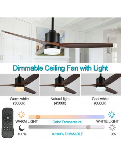 52" 3 Wood Blades Dimmable Ceiling Fan with LED Light and Remote Control, 6 Speed
