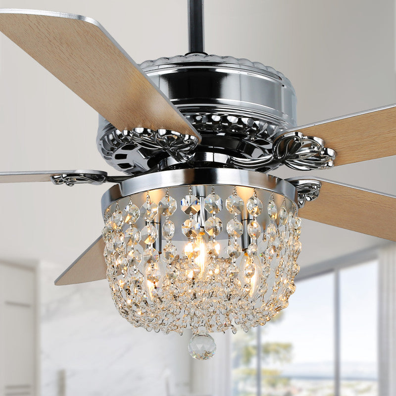 Modern 52" Chrome Crystal Ceiling Fan with Remote and Reversible Blades