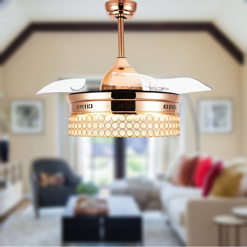 42" Gold Crystal Cedroom Ceiling Fan with Led Light and Remote, Foldable Blades