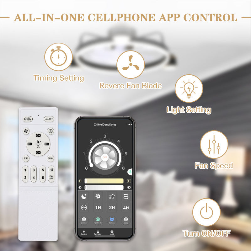 28 Inch Modern Black/Gold Smart Flush Mount Ceiling Fan with Dimmable LED Light and Remote, 6 Speeds DC Motor Low Profile Ceiling Fan