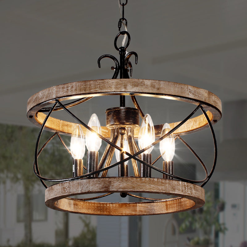 FC4059-BellaDepot 15.7" Distressed Wood/Distressed White Mid Century Caged Chandelier, Wood Pendant Light with Adjustable Chain - FC4059