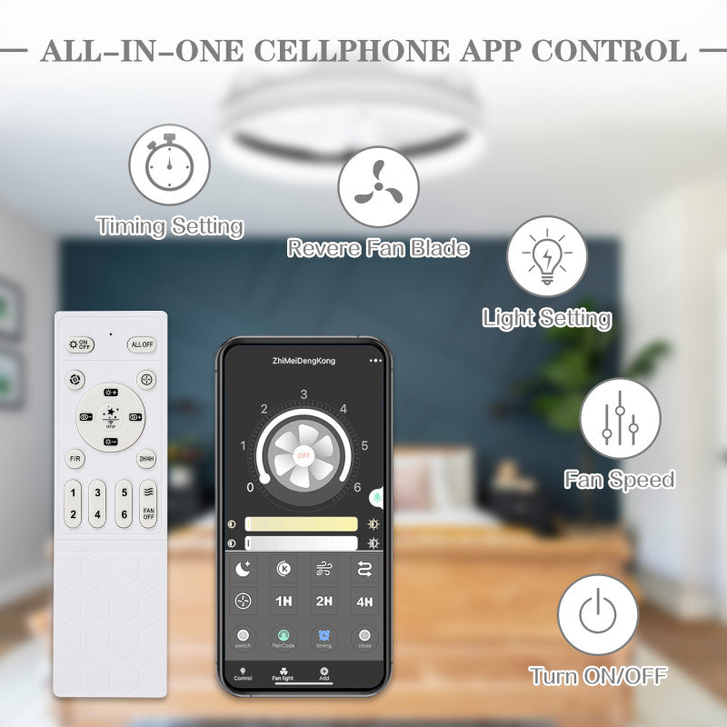 DC2003-BellaDepot 20" Black/Gold/White Modern Style Low Profile Dimmable Ceiling Fan with Remote and LED Light Kit Included