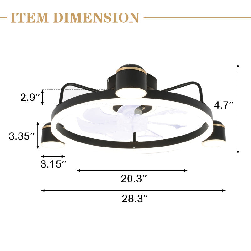 28 Inch Modern Black/Gold Smart Flush Mount Ceiling Fan with Dimmable LED Light and Remote, 6 Speeds DC Motor Low Profile Ceiling Fan