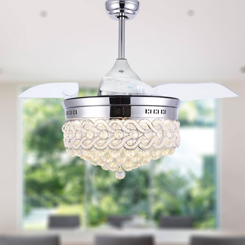 42" Modern Chrome Crystal Ceiling Fan with Lights, Retractable Chandelier Fan