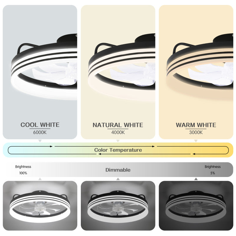 DC2003-BellaDepot 20" Black/Gold/White Modern Style Low Profile Dimmable Ceiling Fan with Remote and LED Light Kit Included