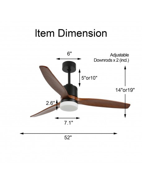 52 Inch 3 Wooden Blades Ceiling Fan with Dimmable LED Light and Remote, 6 Speeds DC Motor Reversible Ceiling Fan for Living Room