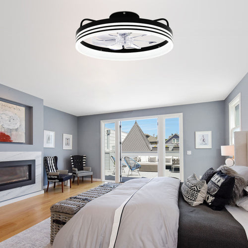 20 Inch Black/Gold/White Modern Flush Mount Ceiling Fan with Dimmable LED Light and Remote Control, 6 Speeds Bladeless Low Profile Ceiling Fan