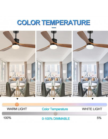 DC5210-BellaDepot 52" 3 Wooden Blades Ceiling Fan with Remote and LED Light Kit Included, 6-speed Reversible Ceiling Fan